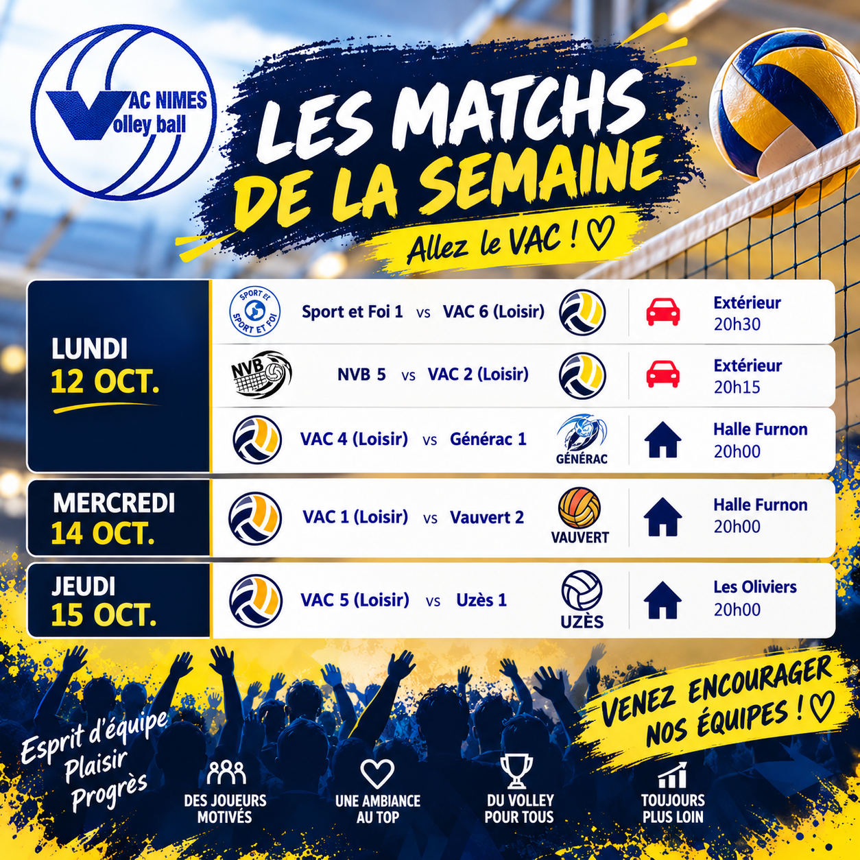 Les matchs de la semaine : du 12 au 18 octobre 2026 🏐
