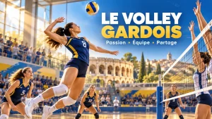 Illustration du volley gardois : match en salle, aux couleurs bleu et jaune.